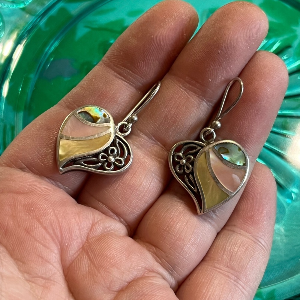Vintage Sterling Silver 925 Mother of Pearl Floral Heart Pierced Dangle Earrings